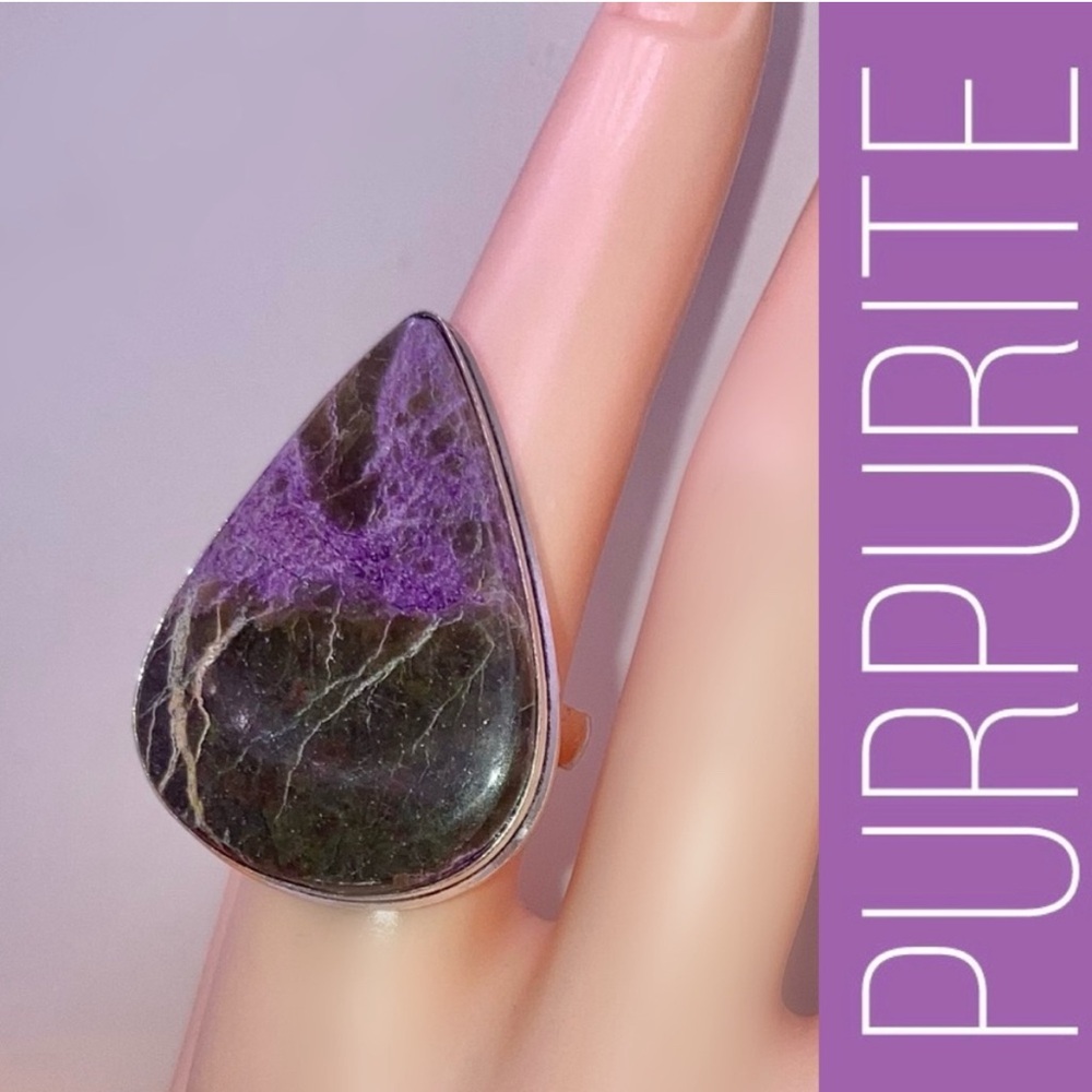 Large Purpurite Purple Gemstone Teardrop Ring